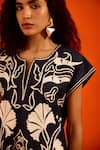 Indian Summer Story_Blue Denim Embroidery Split V-neck Thread Dress _at_Aza_Fashions