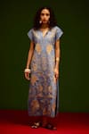 Buy_Indian Summer Story_Blue Denim Embroidery V-neck Garden Thread Dress _at_Aza_Fashions