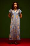Buy_Indian Summer Story_Blue Denim Embroidery V-neck Garden Thread Dress 