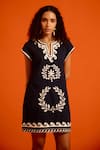 Buy_Indian Summer Story_Black Cotton, Poplin Embroidery Split V-neck Wave Thread Dress _Online_at_Aza_Fashions