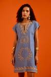 Buy_Indian Summer Story_Blue Denim Embroidery Split V-neck Natural Wave Thread Dress _at_Aza_Fashions
