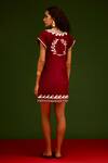 Shop_Indian Summer Story_Maroon Cotton Embroidery Split V-neck Wave Thread Dress _at_Aza_Fashions