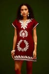 Indian Summer Story_Maroon Cotton Embroidery Split V-neck Wave Thread Dress _Online_at_Aza_Fashions