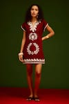 Buy_Indian Summer Story_Maroon Cotton Embroidery Split V-neck Wave Thread Dress _at_Aza_Fashions