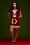 Buy_Indian Summer Story_Maroon Cotton Embroidery Split V-neck Wave Thread Dress _Online_at_Aza_Fashions