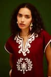 Shop_Indian Summer Story_Maroon Cotton Embroidery Split V-neck Wave Thread Dress _Online_at_Aza_Fashions