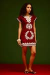 Indian Summer Story_Maroon Cotton Embroidery Split V-neck Wave Thread Dress _at_Aza_Fashions