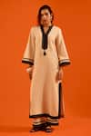 Buy_Indian Summer Story_Beige Embroidery Split V-neck Thread Kurta And Pant Set _at_Aza_Fashions