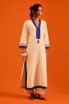 Buy_Indian Summer Story_Beige Embroidery, Tassels Split V-neck Thread Kurta And Pant Set _at_Aza_Fashions