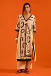 Shop_Indian Summer Story_Beige Embroidery V-neck Thread Kurta And Pant Set _Online_at_Aza_Fashions