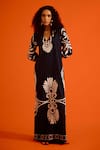 Indian Summer Story_Black Cotton, Poplin Embroidery V-neck Botanical Thread Dress _Online_at_Aza_Fashions