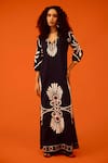 Buy_Indian Summer Story_Black Cotton, Poplin Embroidery V-neck Botanical Thread Dress _at_Aza_Fashions