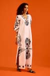 Indian Summer Story_Ivory Cotton, Poplin Embroidery Split V-neck Botanical Thread Dress _Online_at_Aza_Fashions