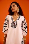 Shop_Indian Summer Story_Ivory Cotton, Poplin Embroidery Split V-neck Botanical Thread Dress _Online_at_Aza_Fashions