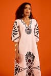 Indian Summer Story_Ivory Cotton, Poplin Embroidery Split V-neck Botanical Thread Dress _at_Aza_Fashions