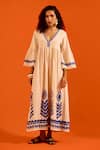 Buy_Indian Summer Story_Beige Embroidery, Pom-poms V-neck Petal Thread Dress _at_Aza_Fashions