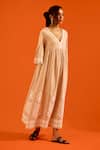 Indian Summer Story_Beige Embroidery, Pom-poms V-neck Petal Thread Dress _Online_at_Aza_Fashions