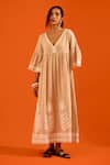 Buy_Indian Summer Story_Beige Embroidery, Pom-poms V-neck Petal Thread Dress _Online_at_Aza_Fashions