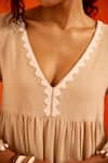 Buy_Indian Summer Story_Beige Embroidery, Pom-poms V-neck Petal Thread Dress 