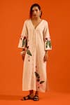 Indian Summer Story_Beige Embroidery V-neck Floral Thread Dress _Online_at_Aza_Fashions