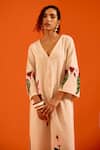 Buy_Indian Summer Story_Beige Embroidery V-neck Floral Thread Dress _Online_at_Aza_Fashions