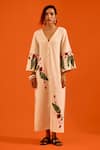 Shop_Indian Summer Story_Beige Embroidery V-neck Floral Thread Dress _Online_at_Aza_Fashions