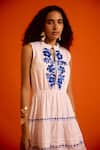 Buy_Indian Summer Story_Ivory Cotton Embroidery Split V-neck Botanica Thread Dress _Online_at_Aza_Fashions