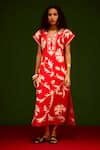 Buy_Indian Summer Story_Red Cotton Embroidery V-neck Garden Thread Dress _at_Aza_Fashions