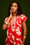 Shop_Indian Summer Story_Red Cotton Embroidery V-neck Garden Thread Dress _Online_at_Aza_Fashions
