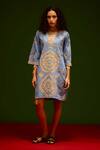 Buy_Indian Summer Story_Blue Denim Embroidery, Metallic Thread V-neck Dress _at_Aza_Fashions