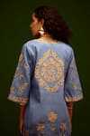 Shop_Indian Summer Story_Blue Denim Embroidery, Metallic Thread V-neck Dress _at_Aza_Fashions