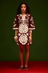 Indian Summer Story_Maroon Denim Embroidery Split V-neck Thread Dress _Online_at_Aza_Fashions