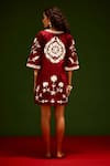 Shop_Indian Summer Story_Maroon Denim Embroidery Split V-neck Thread Dress _at_Aza_Fashions