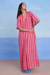Shop_Saphed_Pink Linen V-neck Amalfi Half Sleeves Flared Jumpsuit _at_Aza_Fashions