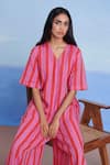 Saphed_Pink Linen V-neck Amalfi Half Sleeves Flared Jumpsuit _at_Aza_Fashions