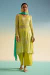 Buy_Shetab Kazmi_Yellow Cotton Tassels, Embroidery V-neck Garden Print Kurta Set _at_Aza_Fashions