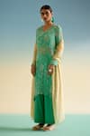 Buy_Shetab Kazmi_Green Cotton Beads, Embroidery V-neck Flower Print Kurta Set _at_Aza_Fashions