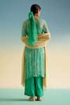 Shop_Shetab Kazmi_Green Cotton Beads, Embroidery V-neck Flower Print Kurta Set _at_Aza_Fashions