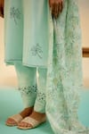 Shetab Kazmi_Aqua Cotton Embroidery, Cut Work, Tassels Round Neck Kurta Pant Set _at_Aza_Fashions