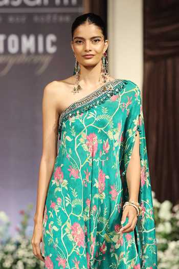 Basanti Kapde aur Koffee_Green Chiffon Sequins, Mirrors, Embroidery One Shoulder Cape Sharara Set _Online_at_Aza_Fashions
