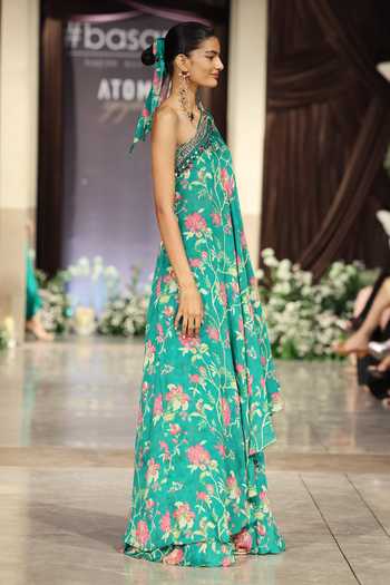 Shop_Basanti Kapde aur Koffee_Green Chiffon Sequins, Mirrors, Embroidery One Shoulder Cape Sharara Set _at_Aza_Fashions