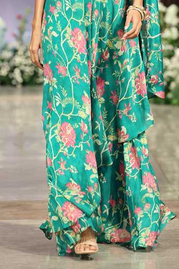 Buy_Basanti Kapde aur Koffee_Green Chiffon Sequins, Mirrors, Embroidery One Shoulder Cape Sharara Set _Online_at_Aza_Fashions