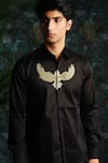 Shop_House Of Koa_Black Satin Embroidery Bird Of Prey Shirt _at_Aza_Fashions