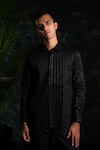 Shop_House Of Koa_Black Satin Embroidery Shadow Grid Shirt _at_Aza_Fashions