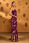 Masaba_Burgundy Silk Foil Berry Wine Saree With Unstitched Blouse Piece _Online_at_Aza_Fashions