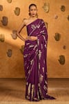Buy_Masaba_Burgundy Silk Foil Berry Wine Saree With Unstitched Blouse Piece _at_Aza_Fashions