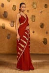 Masaba_Red Silk Foil Printing, Applique Fern Flame Saree With Unstitched Blouse Piece _Online_at_Aza_Fashions