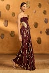 Masaba_Maroon Crepe, Silk Foil Printing, Embroidery Plum Cherry Vine Corset With Skirt _Online_at_Aza_Fashions