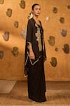 Shop Masaba Black Crepe Foil Printing, Embroidery Open Neck, Heartbeat Draped Cape Set Online at Aza Fashions Shop_Masaba_Black Crepe Foil Printing, Embroidery Open Neck, Heartbeat Draped Cape Set _Online_at_Aza_Fashions