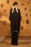 Shop Masaba Black Crepe Foil Printing, Embroidery Open Neck, Heartbeat Draped Cape Set at Aza Fashions Shop_Masaba_Black Crepe Foil Printing, Embroidery Open Neck, Heartbeat Draped Cape Set _at_Aza_Fashions